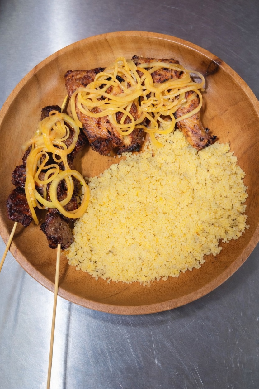 Brochettes et poulet avec attiéké